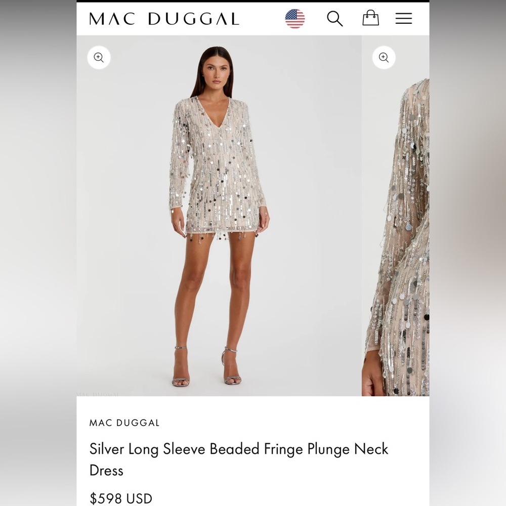 Mac Duggal Silver Sequin Fringe Dress